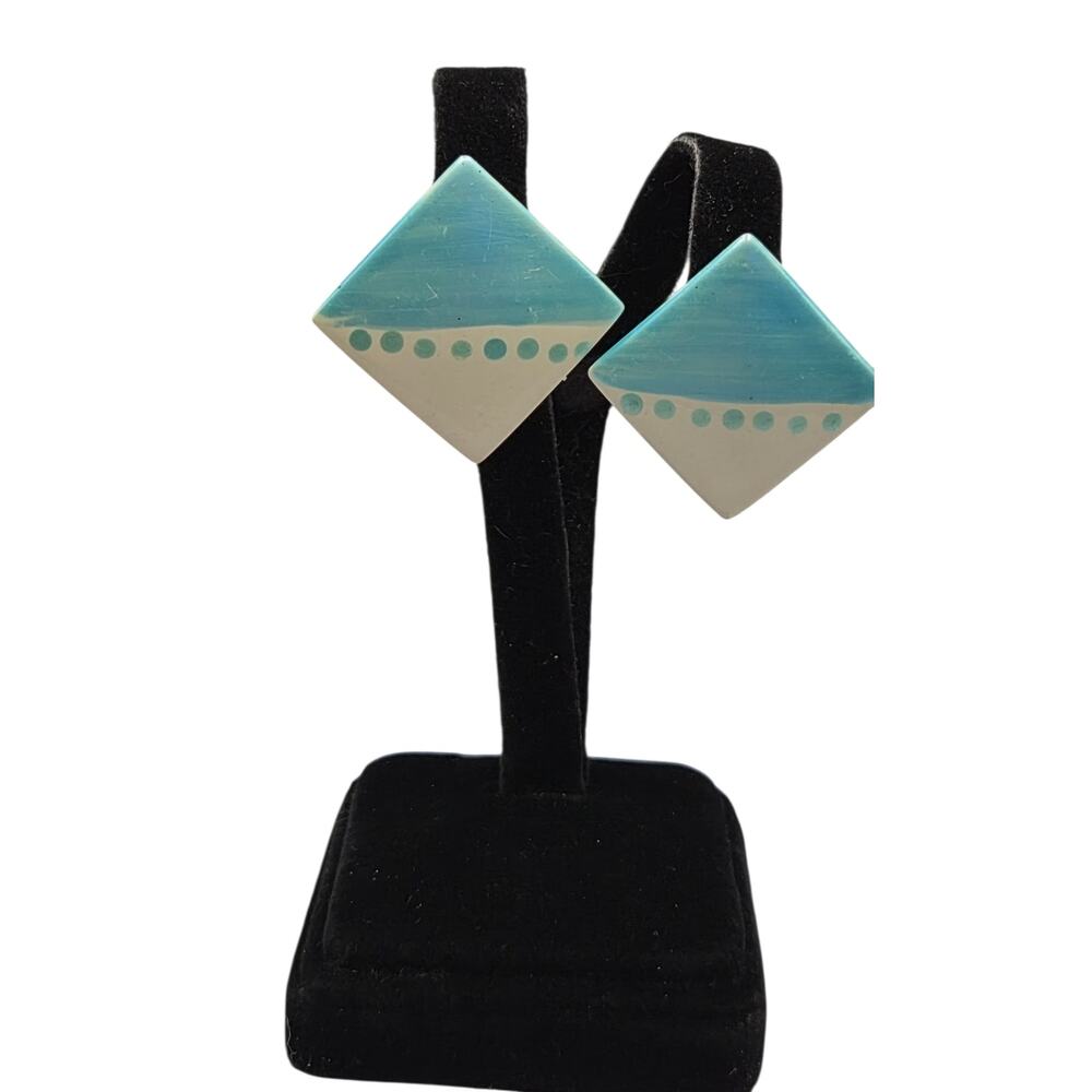 Vintage Geometric Blue White Stud Earrings Retro Mod Art Deco Style